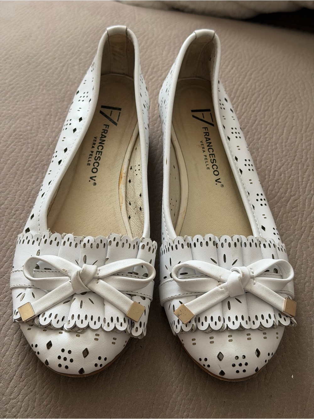 White Laser-Cut Leather Bow Ballet Flats